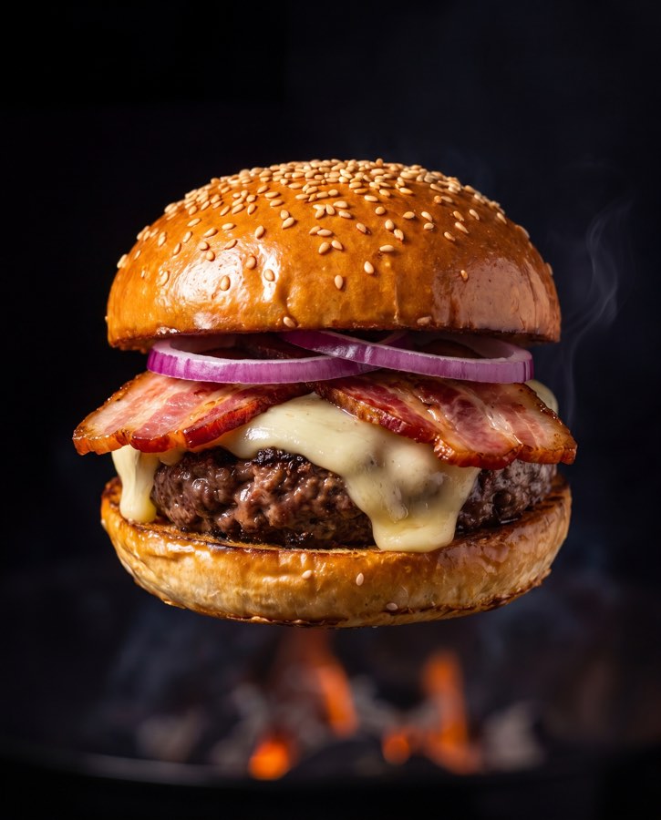 La Fumé: provola affumicata, bacon, cipolla rossa cruda e manzo alla brace