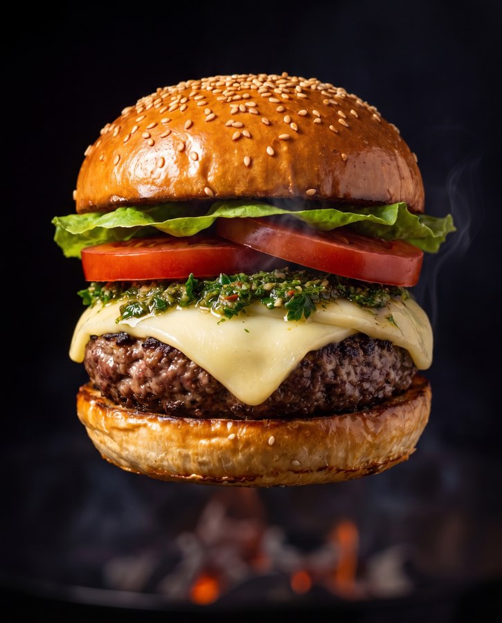 La Verde: caciotta, salsa alle erbe, pomodoro cuore di bue, lattuga e manzo alla brace